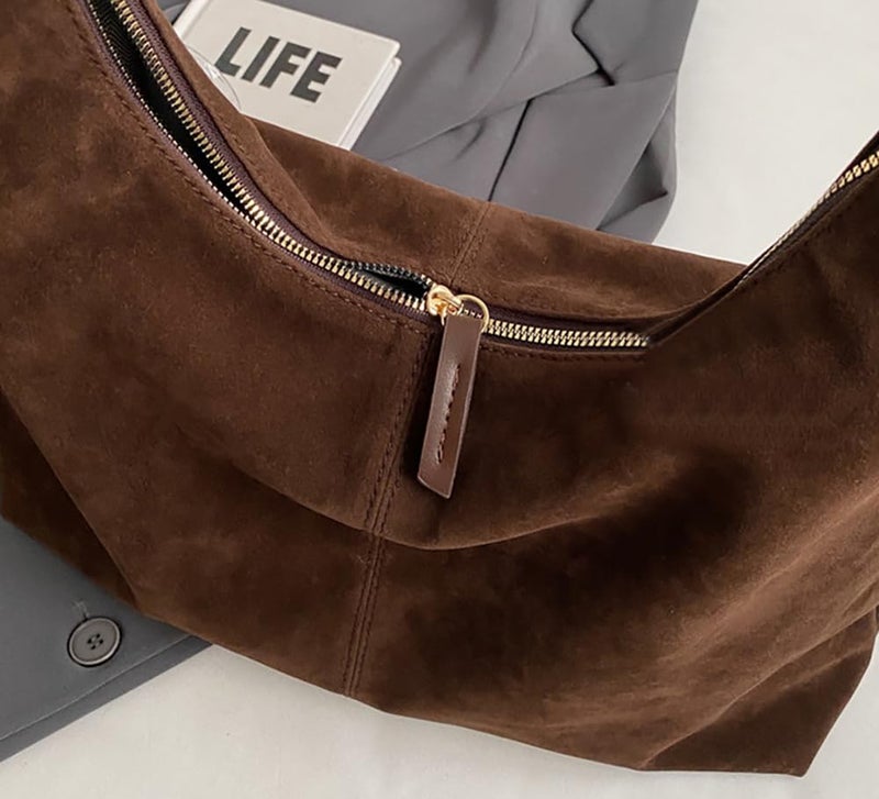 Bagkeak Slouchy Suede Shoulder Bags For Women Underarm Bag Womens Tote Bag Work Purses Crescent Bag Suede Handbag Travel Winter Fall - Image 4